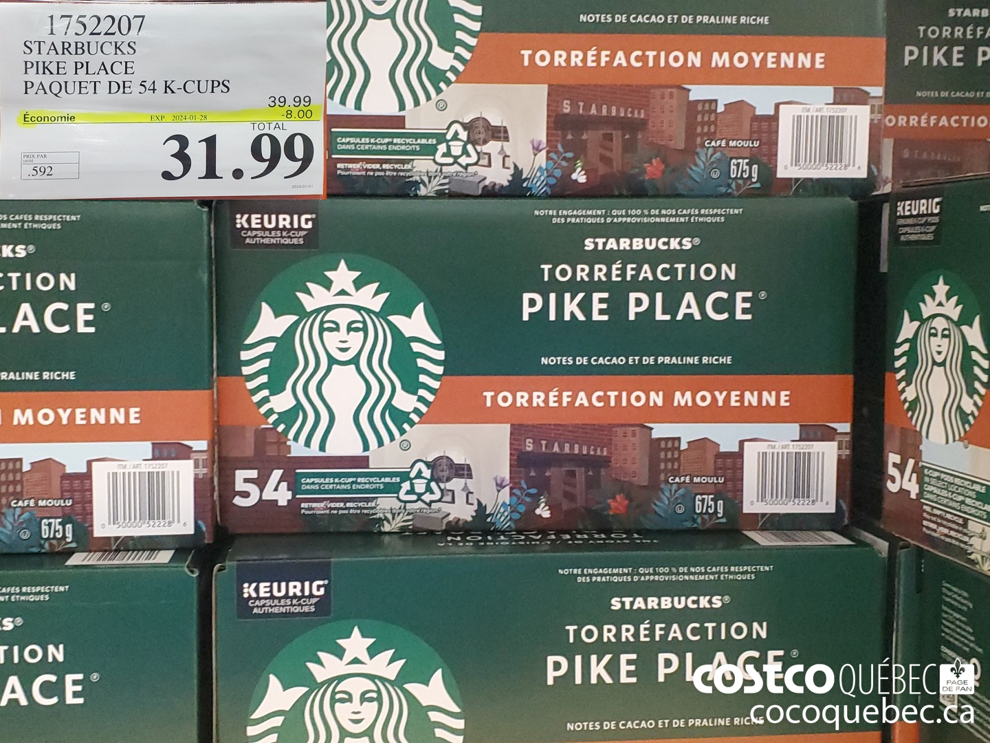 1752207 PIKE PLACE PAQUET DE 54 K-CUPS ($8.00 INSTANT SAVINGS EXPIRES ON 2024-01-28) $31.99