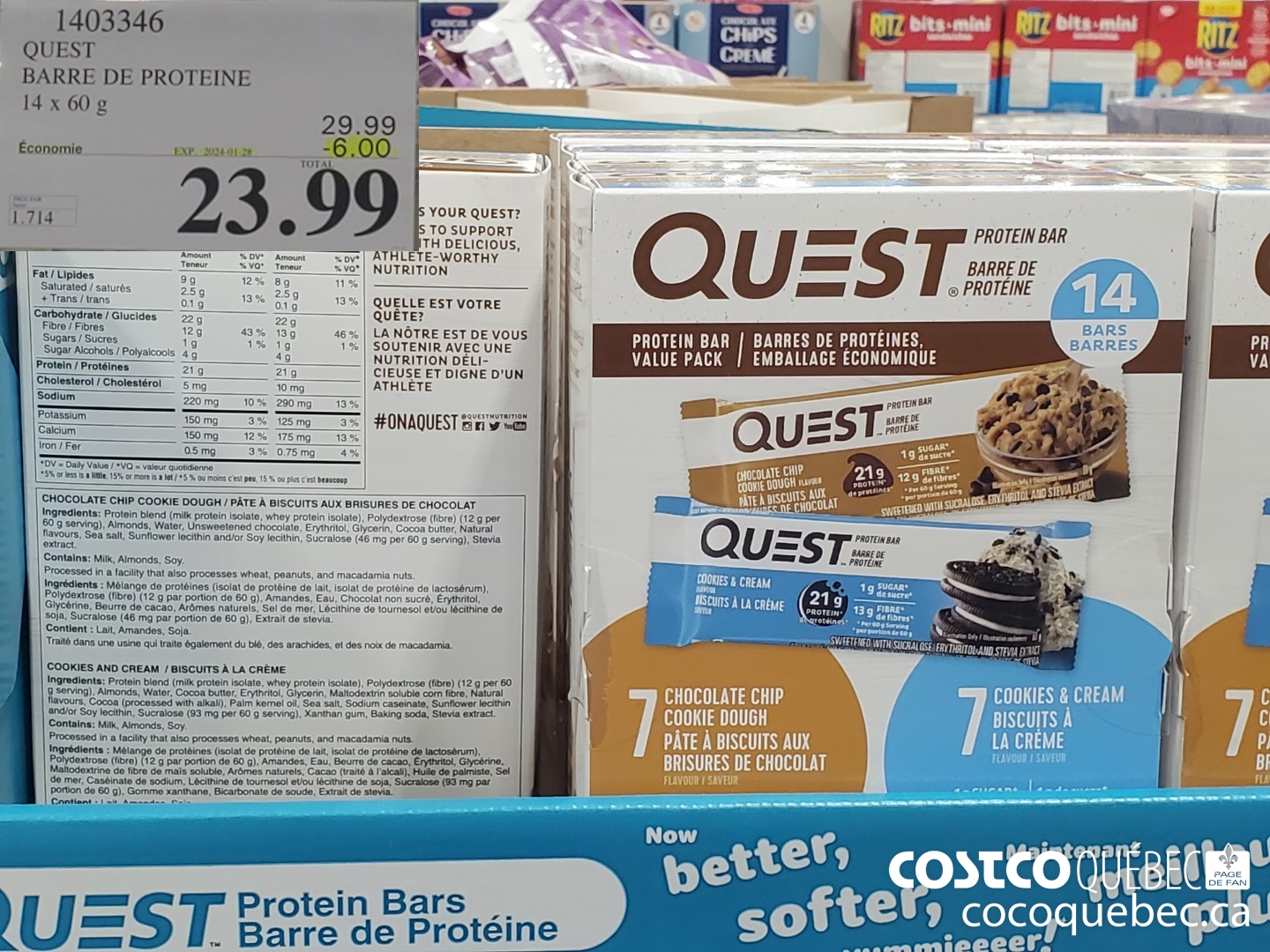 1403346 QUEST BARRE DE PROTEINE 14x 60 G ($6.00 INSTANT SAVINGS EXPIRES ON 2024-01-28) $23.99