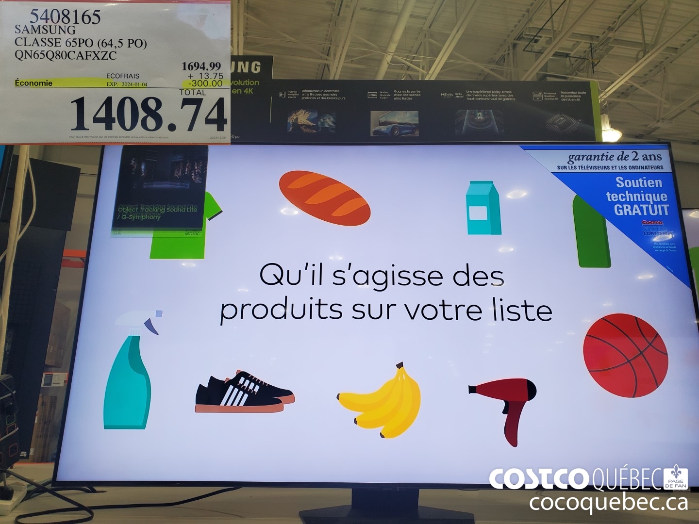 5408165 SAMSUNG CLASSE 65PO (64,5 PO) QN65Q80CAFXZC  ($300.00 INSTANT SAVINGS EXPIRES ON 2024-01-04) $1408.74