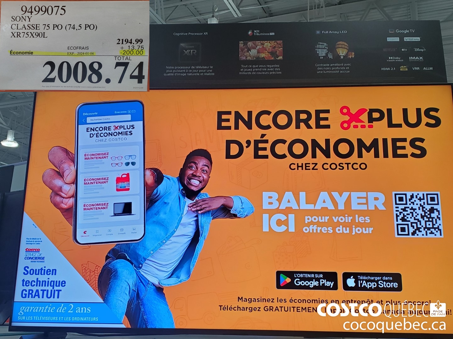 9499075 SONY CLASSE 75 PO (74,5 PO) XR75X90L ($200.00 INSTANT SAVINGS EXPIRES ON 2024-01-04) $2008.74