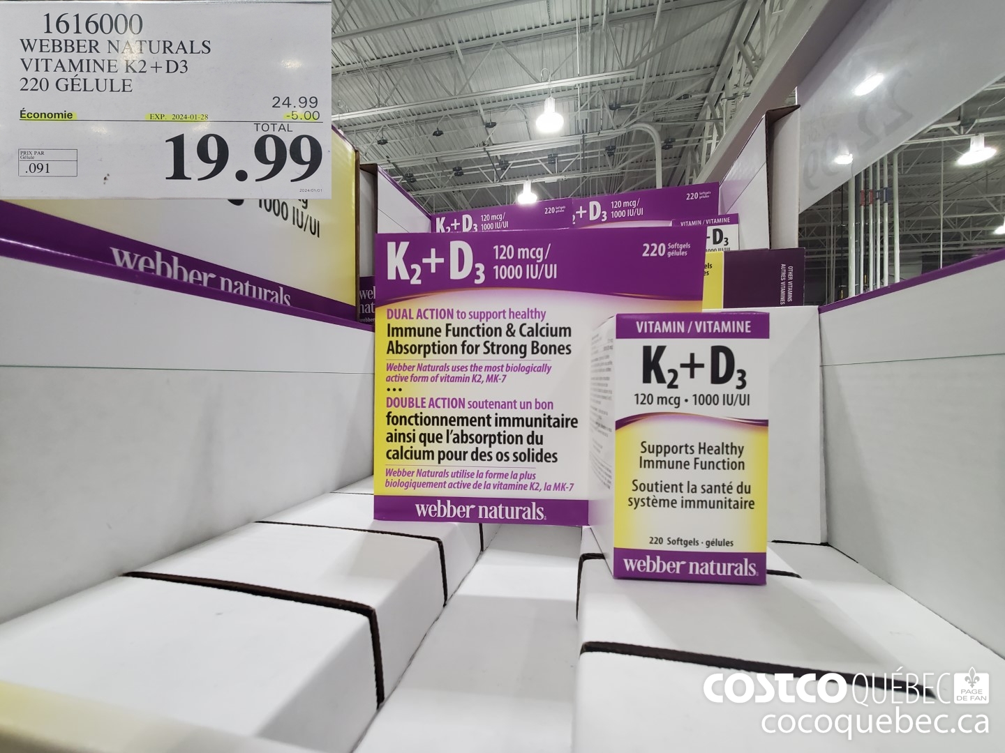 1616000 WEBBER NATURALS VITAMINE K2+D3 220 GELULE  ($5.00 INSTANT SAVINGS EXPIRES ON 2024-01-28) $19.99