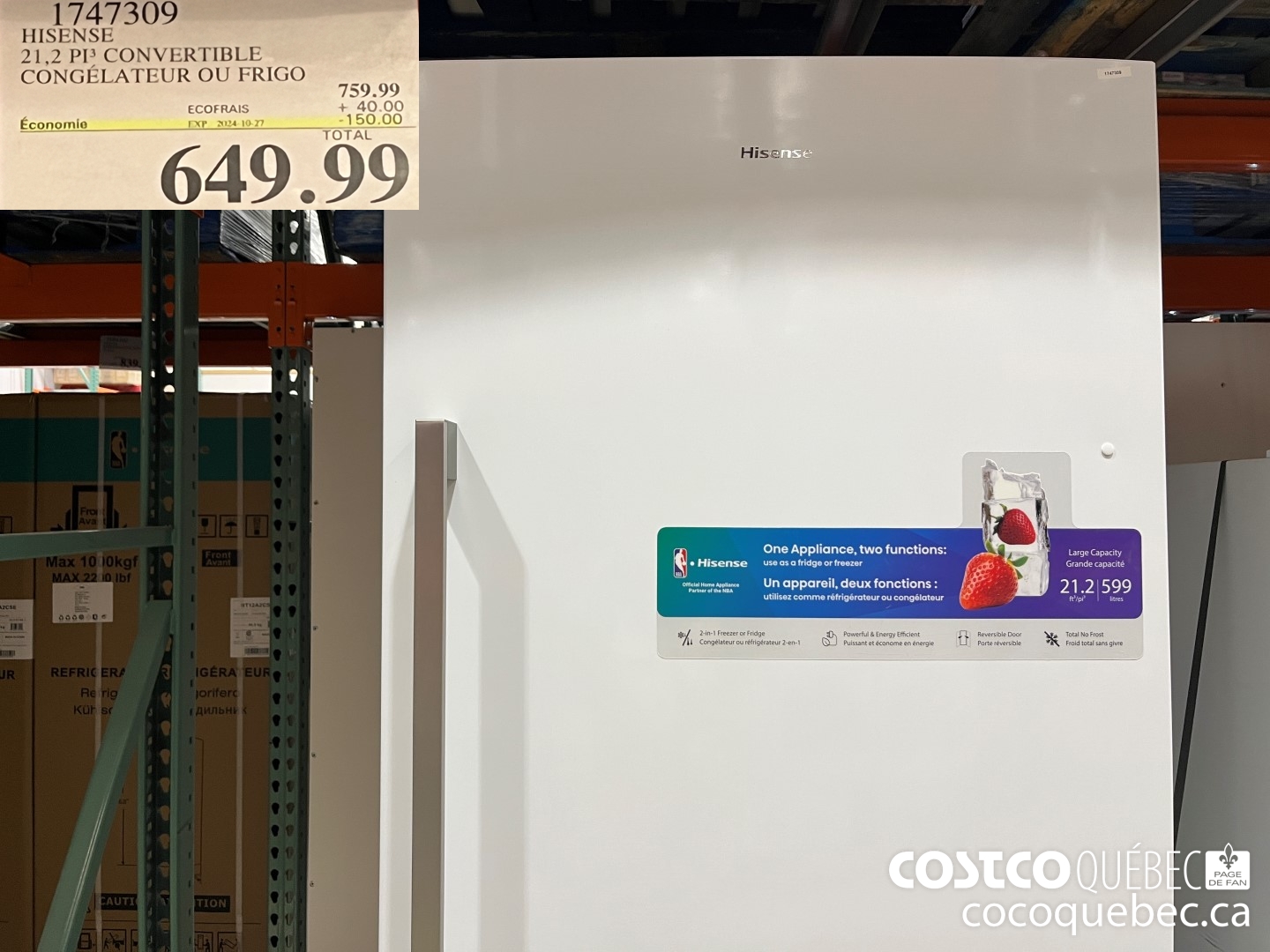 1747309 21,2 PI CONVERTIBLE CONGELATEUR OU FRIGO  ($150.00 INSTANT SAVINGS EXPIRES ON 2024-10-27) $649.99