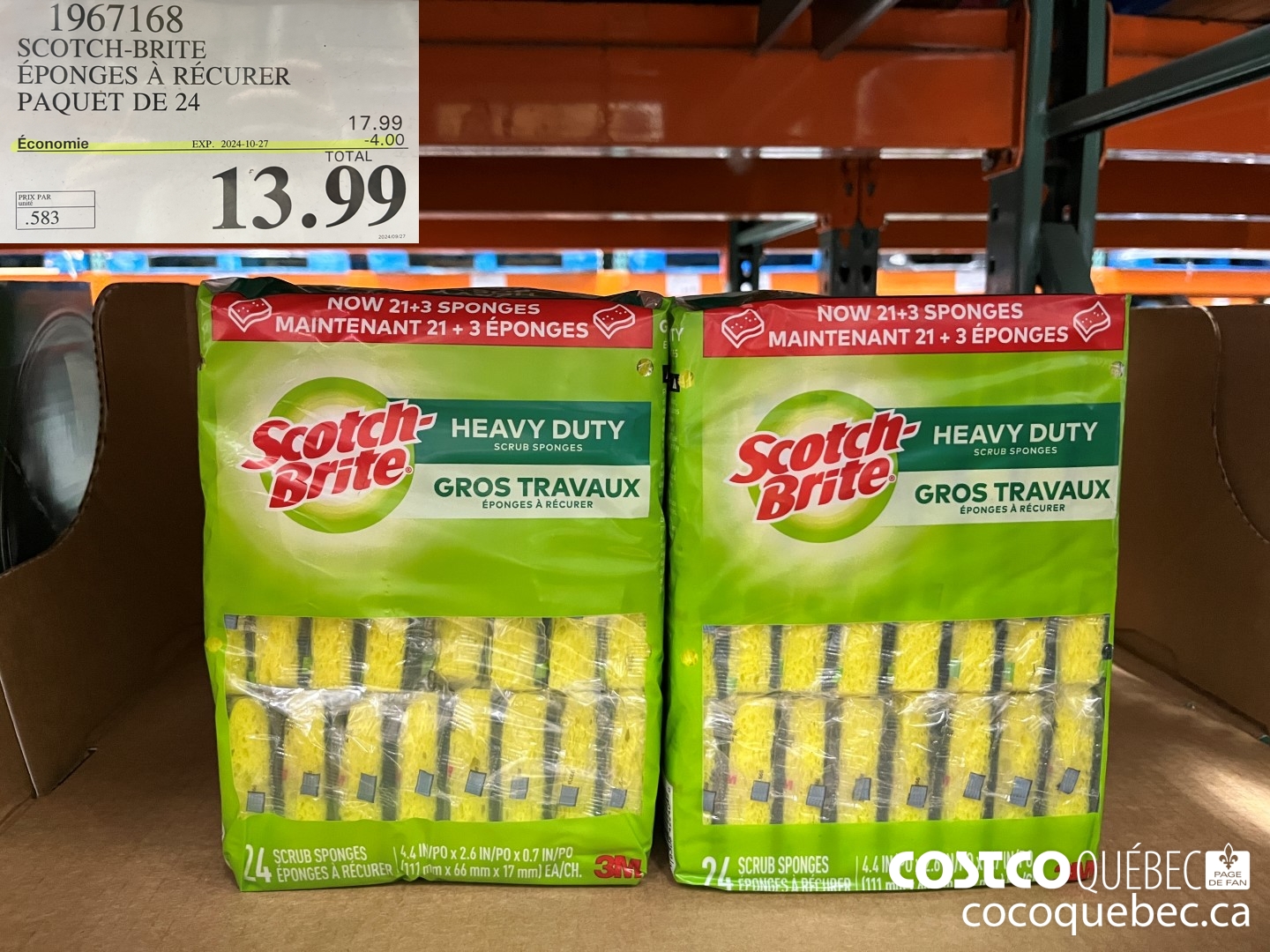 1967168 3M SCOTCH-BRITE EPONGES A RECURER PAQUET DE 24 ($4.00 INSTANT SAVINGS EXPIRES ON 2024-10-27) $13.99