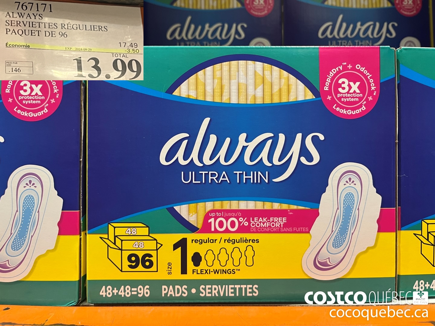 767171 ALWAYS ULTRA THIN SERVIETTES REGULIER 96CT  ($3.50 INSTANT SAVINGS EXPIRES ON 2024-09-29) $13.99