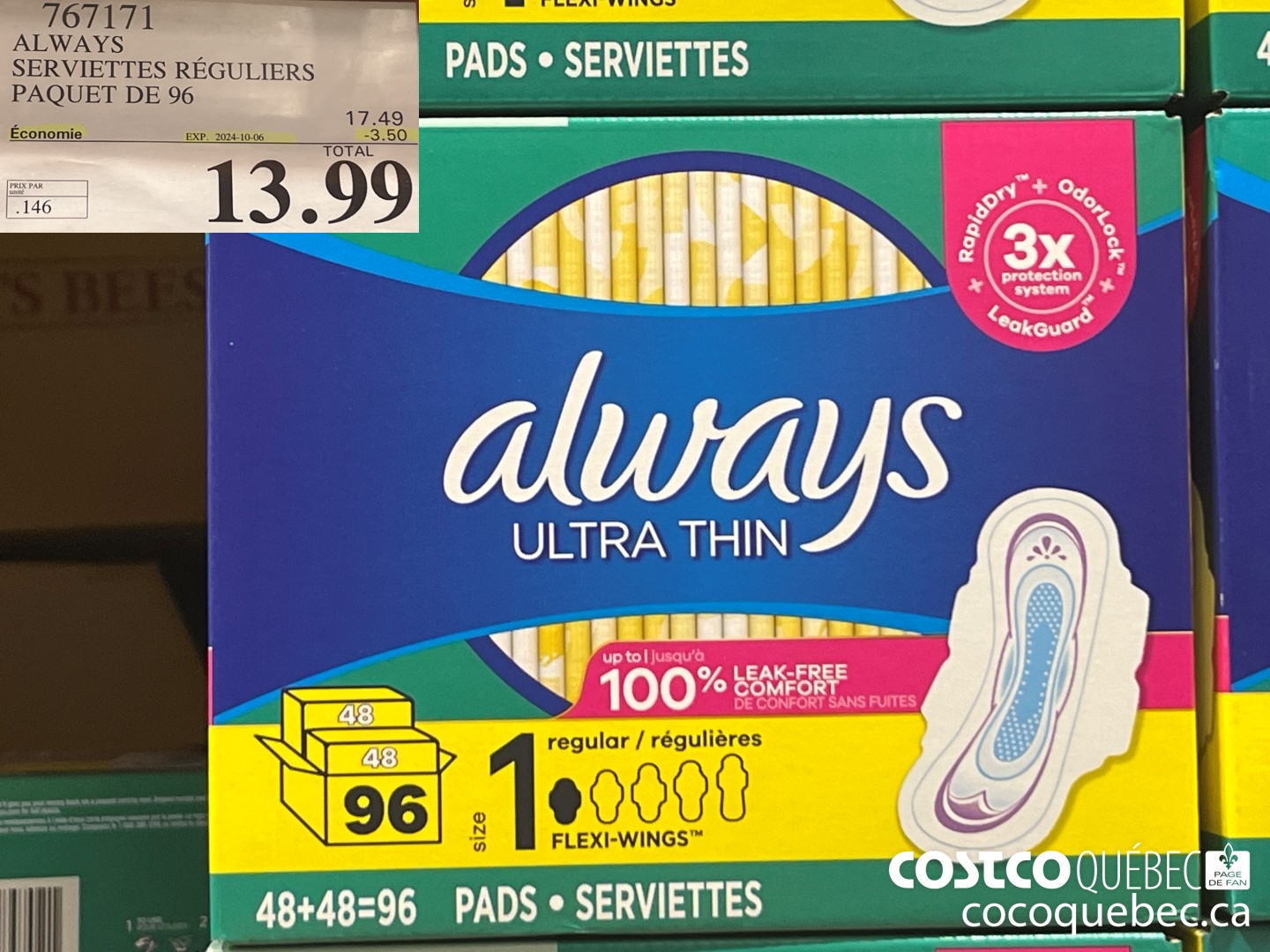 767171 ALWAYS ULTRA THIN SERVIETTES REGULIER 96CT  ($3.50 INSTANT SAVINGS EXPIRES ON 2024-10-06) $13.99