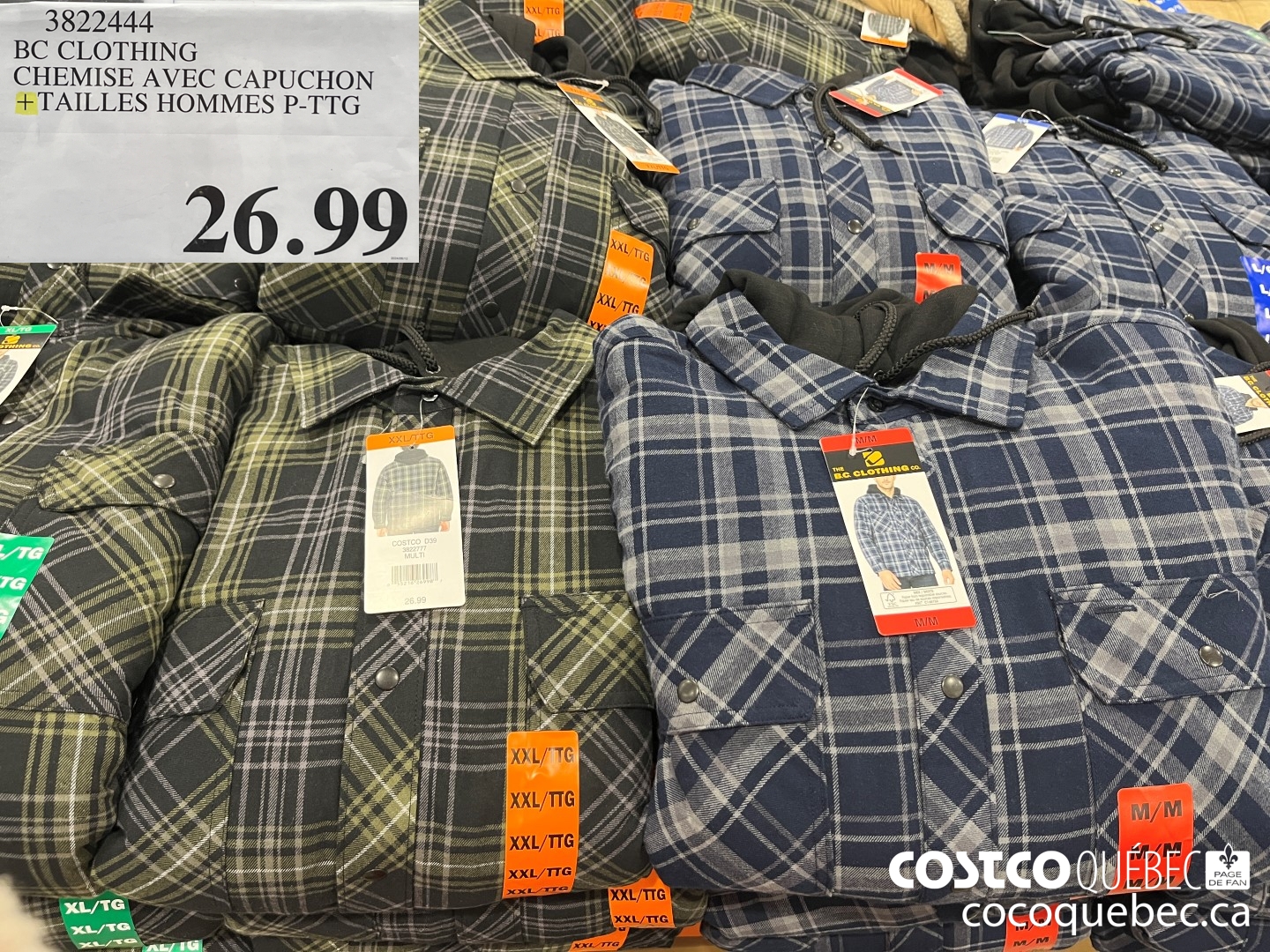 3822444 BC CLOTHING CHEMISE AVEC CAPUCHON + TAILLES HOMMES P-TTG  $26.99