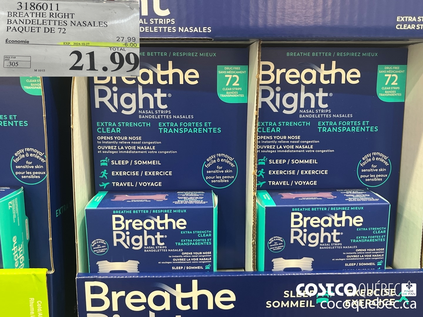 3186011 BREATHE RIGHT BANDELETTES NASALES PAQUET DE 72  ($6.00 INSTANT SAVINGS EXPIRES ON 2024-10-27) $21.99