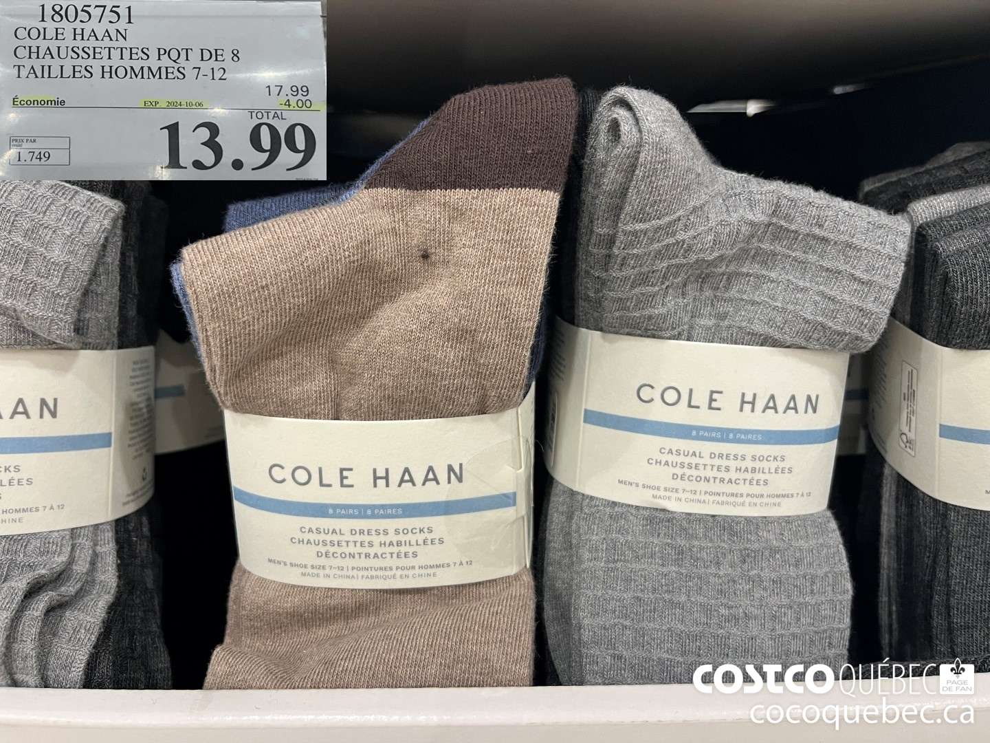 1805751 COLE HAAN CHAUSSETTES PQT DE 8 TAILLES HOMMES 7-12  ($4.00 INSTANT SAVINGS EXPIRES ON 2024-10-06) $13.99