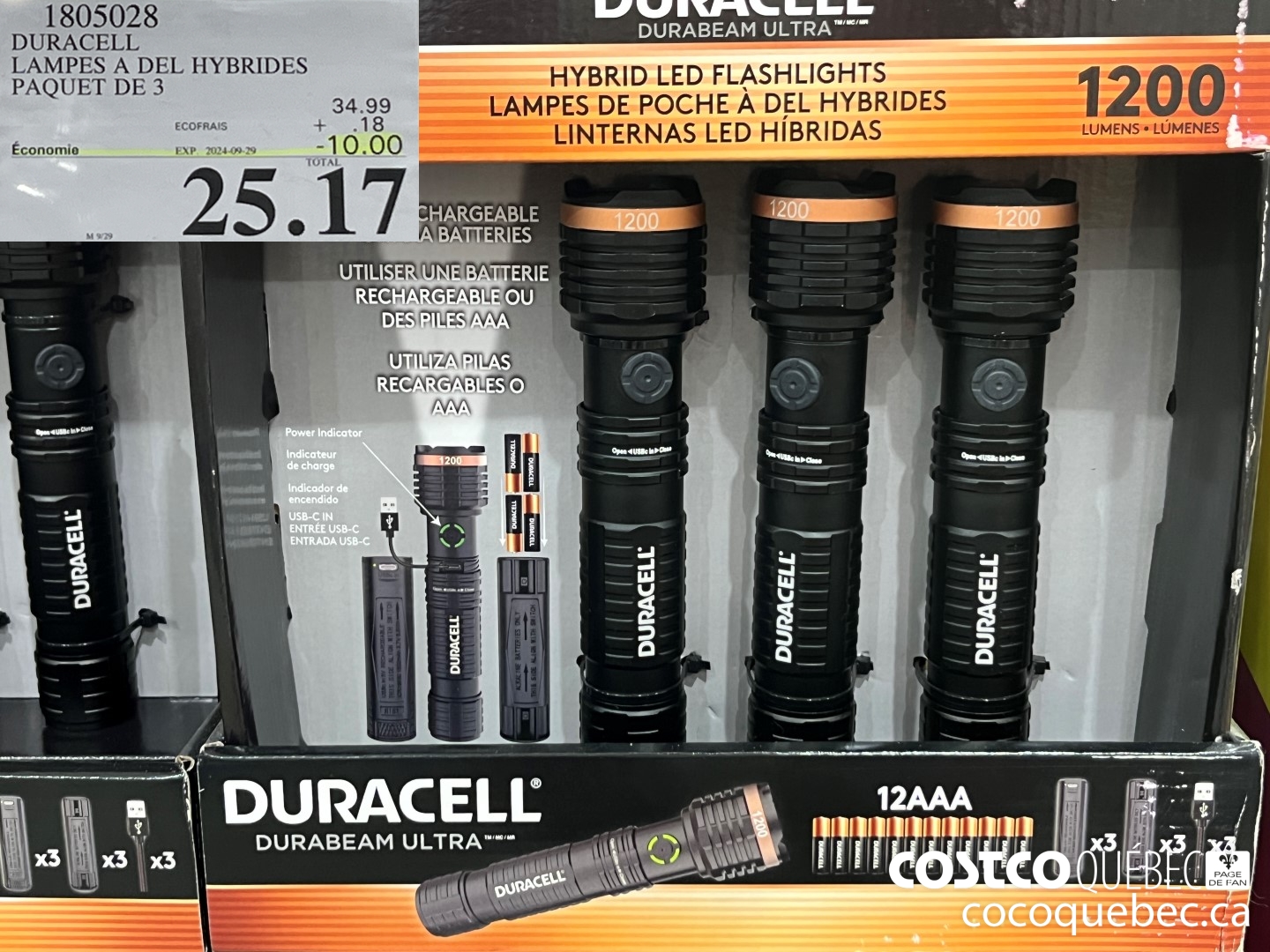 1805028 DURACELL LAMPES A DEL HYBRIDES PAQUET DE 3  ($10.00 INSTANT SAVINGS EXPIRES ON 2024-09-29) $25.17