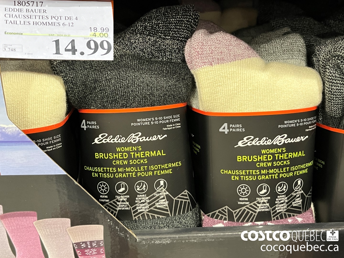 1805717 EDDIE BAUER CHAUSSETTES PQT DE 4 TAILLES HOMMES 6-12 2024-10-27 ($4.00 INSTANT SAVINGS) $14.99