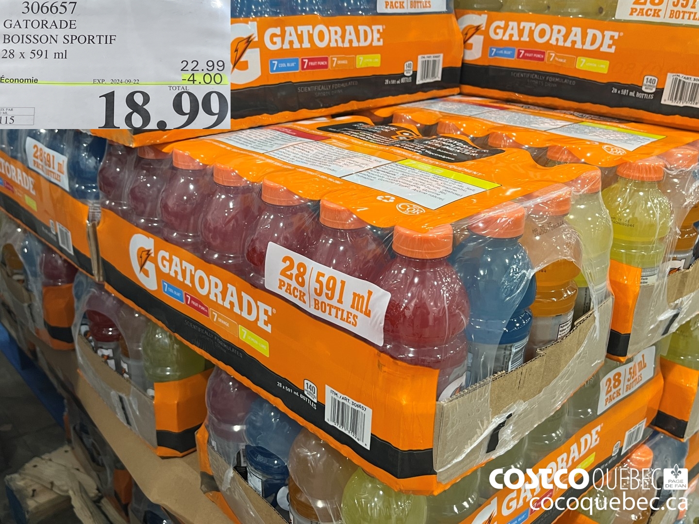 306657 GATORADE BOISSON SPORTIF 28 x 591 ml  ($4.00 INSTANT SAVINGS EXPIRES ON 2024-09-22) $18.99
