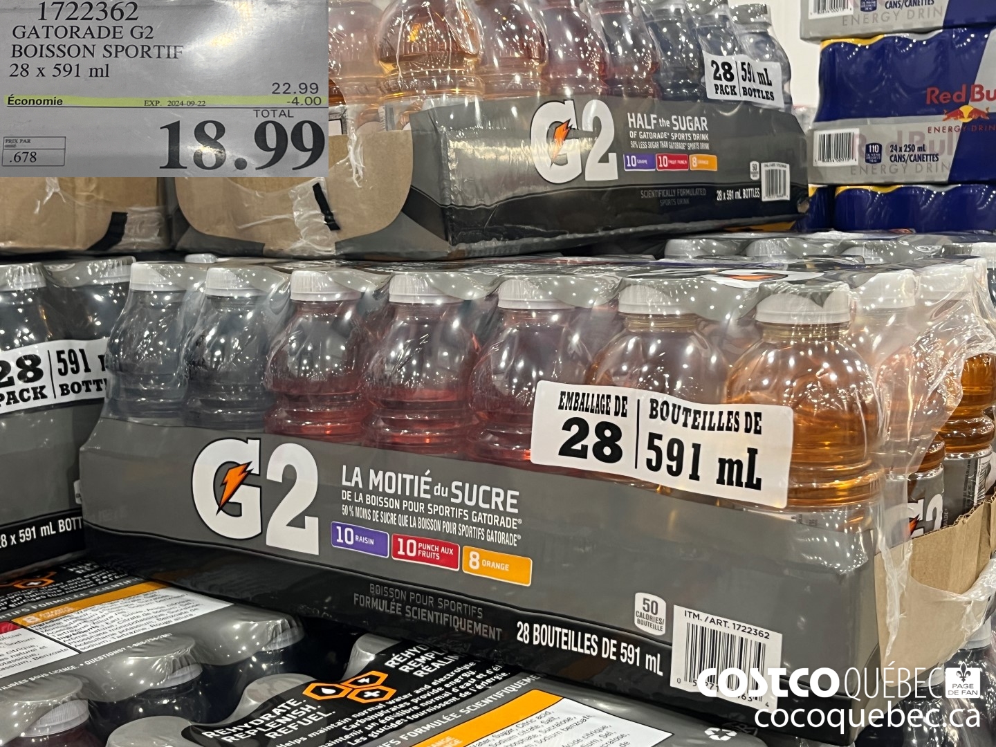 1722362 GATORADE G2 BOISSON SPORTIF 28 x 591 ml  ($4.00 INSTANT SAVINGS EXPIRES ON 2024-09-22) $18.99