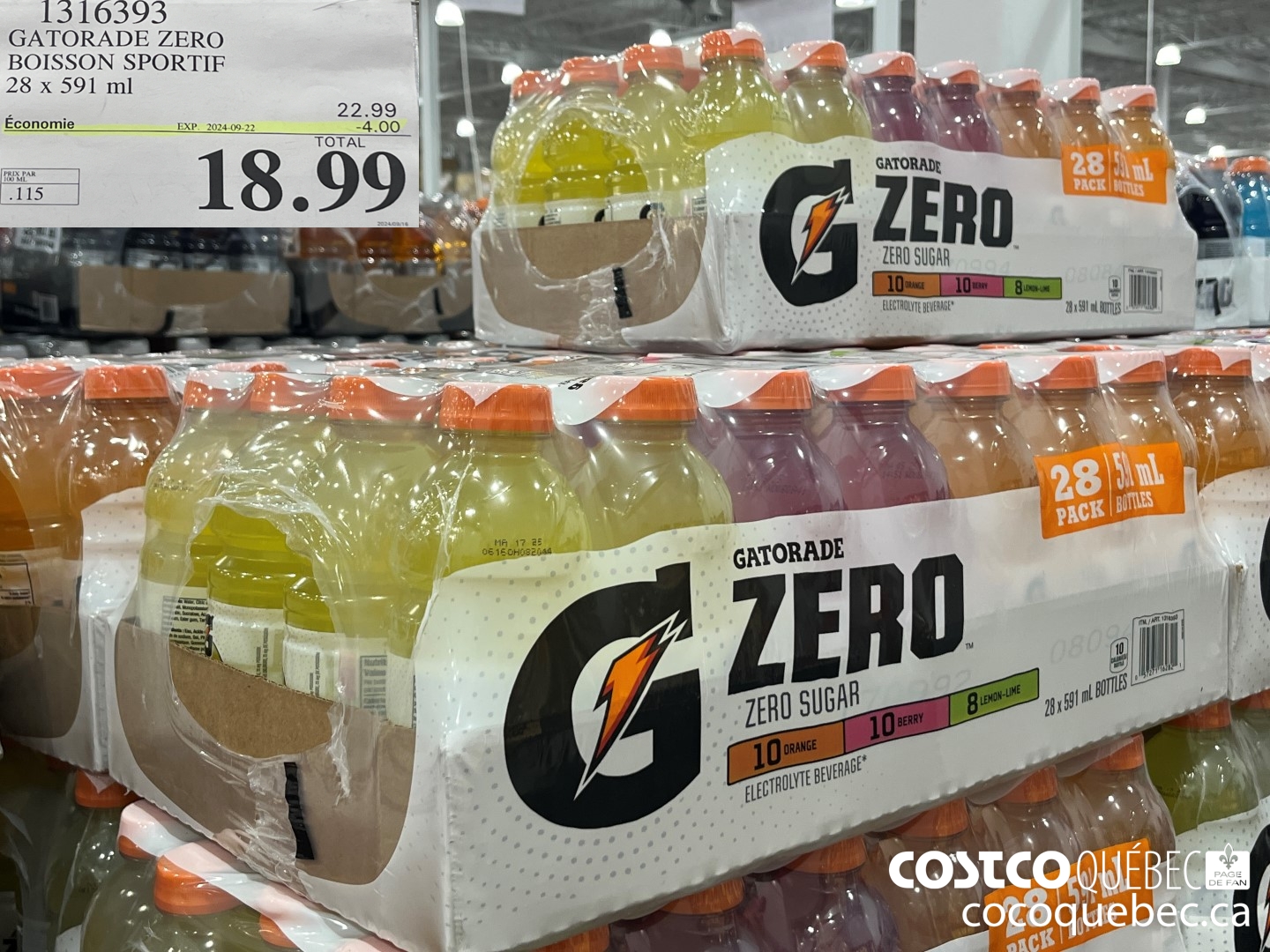 1316393 GATORADE ZERO BOISSON SPORTIF 28 x 591 ml ($4.00 INSTANT SAVINGS EXPIRES ON 2024-09-29) $18.99