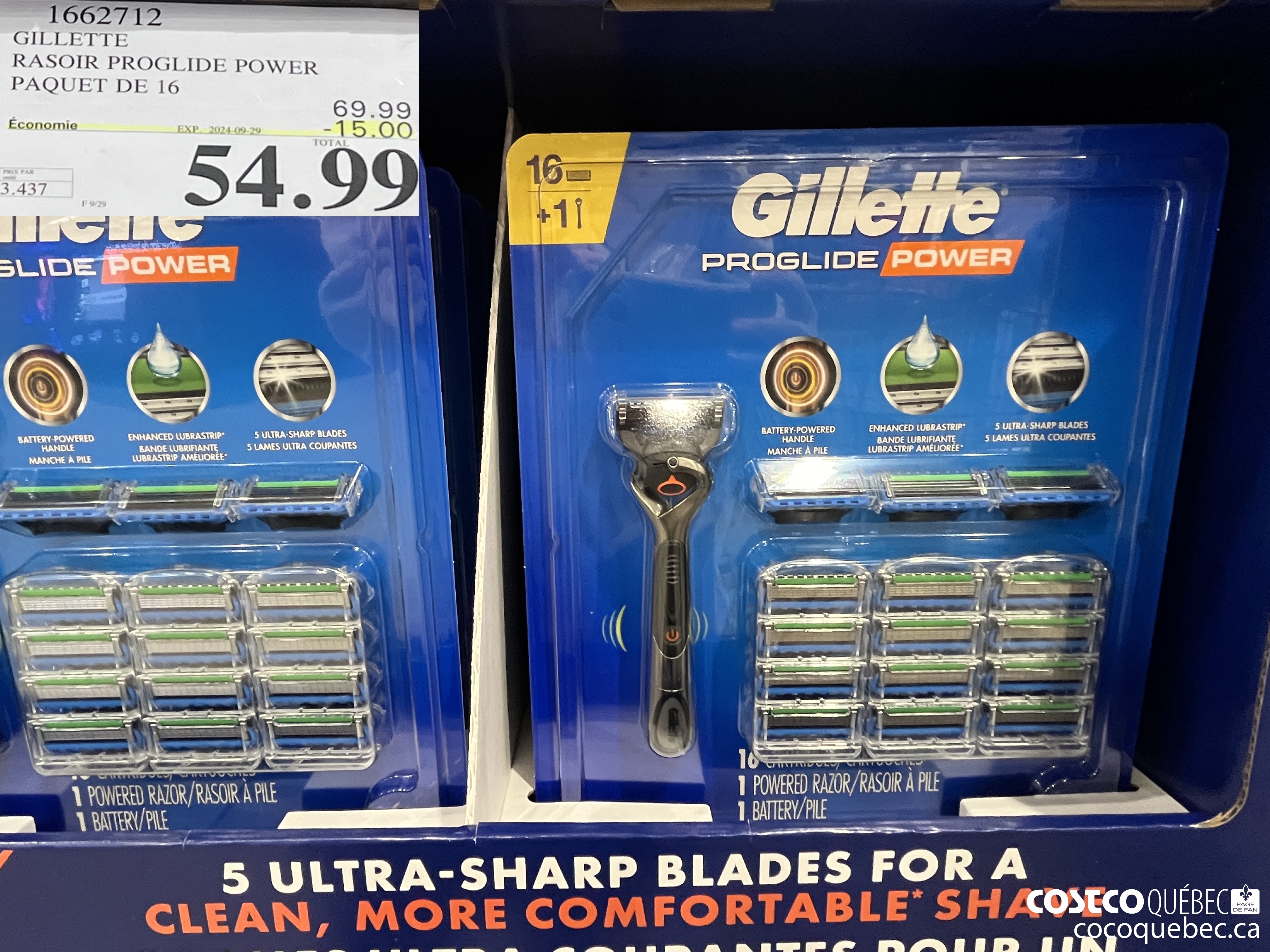 1662712 GILLETTE RASOIR PROGLIDE POWER PAQUET DE 16  ($15.00 INSTANT SAVINGS EXPIRES ON 2024-09-29) $54.99