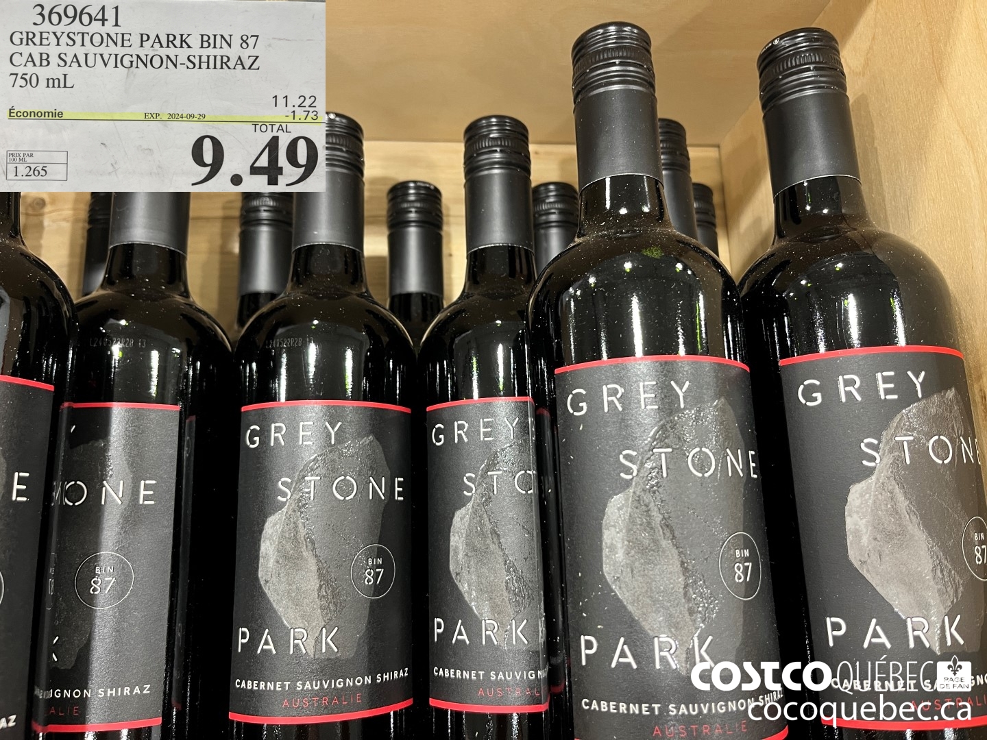 369641 GREYSTONE PARK BIN 87 CAB SAUVIGNON-SHIRAZ 750 mL  ($1.73 INSTANT SAVINGS EXPIRES ON 2024-09-29) $9.49