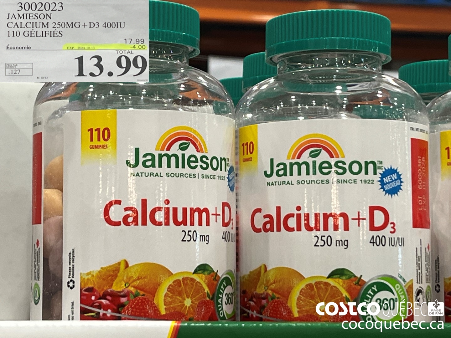 3002023 JAMIESON CALCIUM 250MG+D3 400IU 110 GELIFIES  ($4.00 INSTANT SAVINGS EXPIRES ON 2024-10-13) $13.99