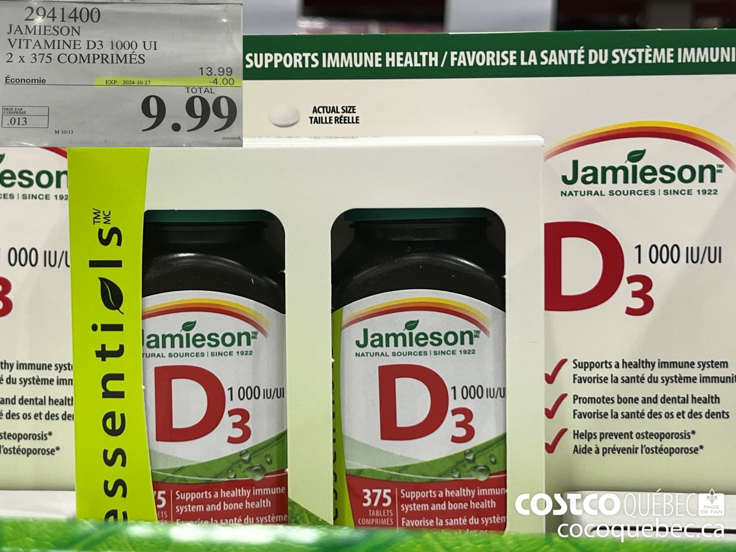 2941400 JAMIESON VITAMINE D3 1000UI 2X375 COMPRIMES ($4.00 INSTANT SAVINGS EXPIRES ON 2024-10-27) $9.99