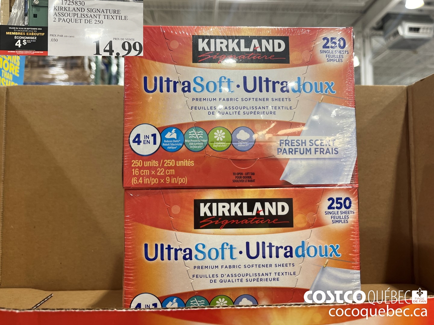 1725830 KIRKLAND SIGNATURE ASSOUPLISSANT TEXTILE 2 PAQUET DE 250  ($4.00 INSTANT SAVINGS EXPIRES ON 2024-09-29) $10.99