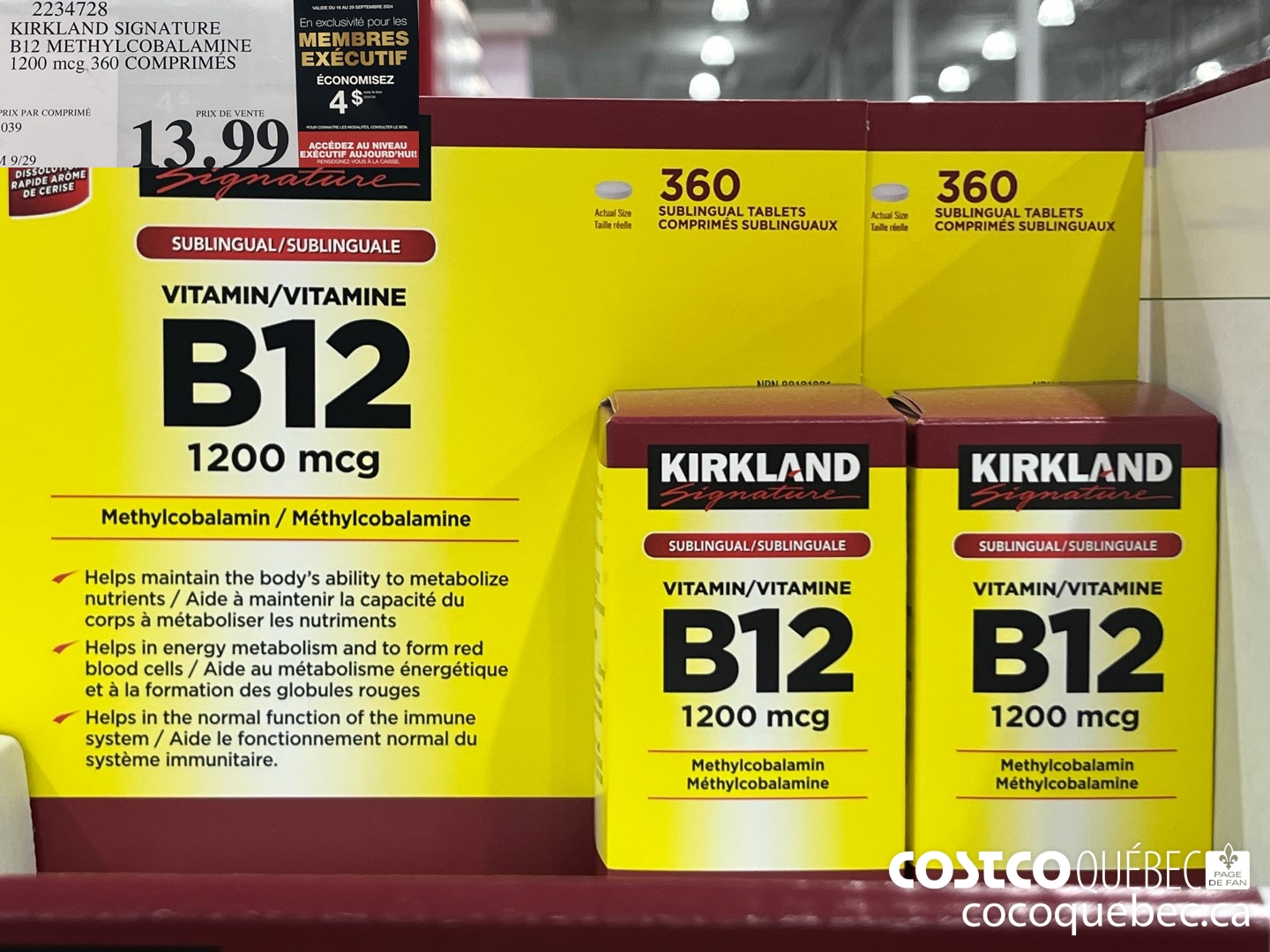 2234728 KIRKLAND SIGNATURE B12 METHYLCOBALAMINE 1200 mcg. 360 COMPRIMES  ($4.00 INSTANT SAVINGS EXPIRES ON 2024-09-29) $9.99