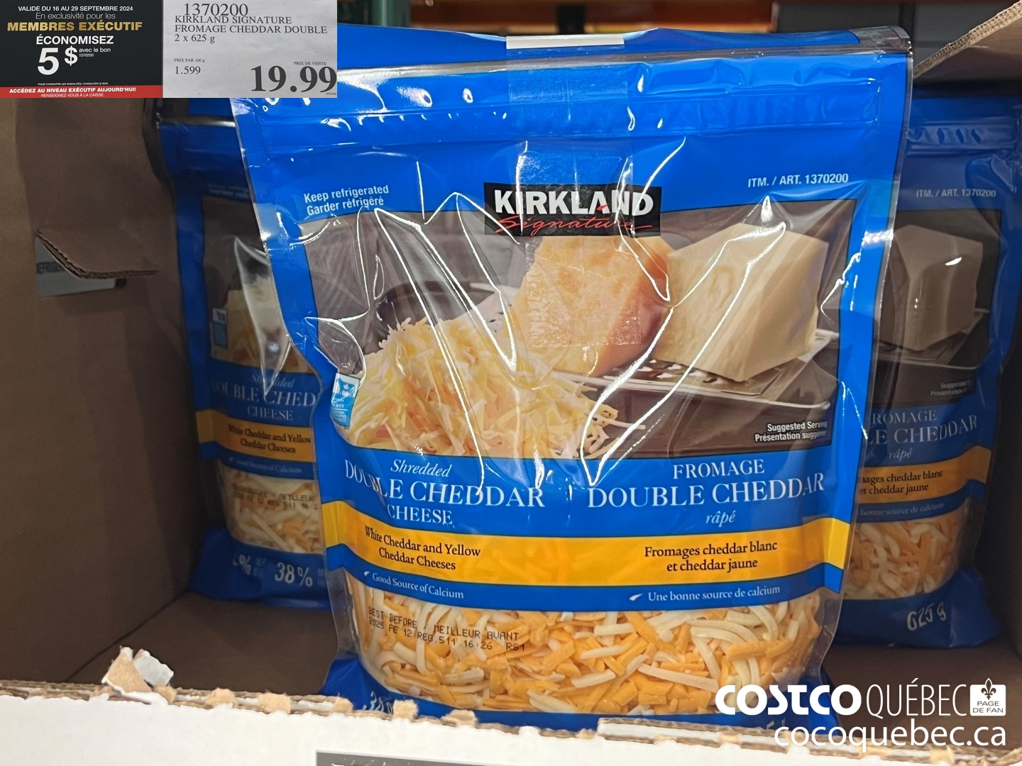 1370200 KIRKLAND SIGNATURE FROMAGE CHEDDAR DOUBLE 2x 625 g  ($5.00 INSTANT SAVINGS EXPIRES ON 2024-09-29) $15.99