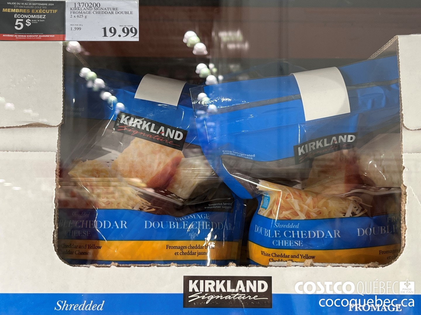 1370200 KIRKLAND SIGNATURE FROMAGE CHEDDAR DOUBLE 2x 625 g  ($5.00 INSTANT SAVINGS EXPIRES ON 2024-09-29) $15.99