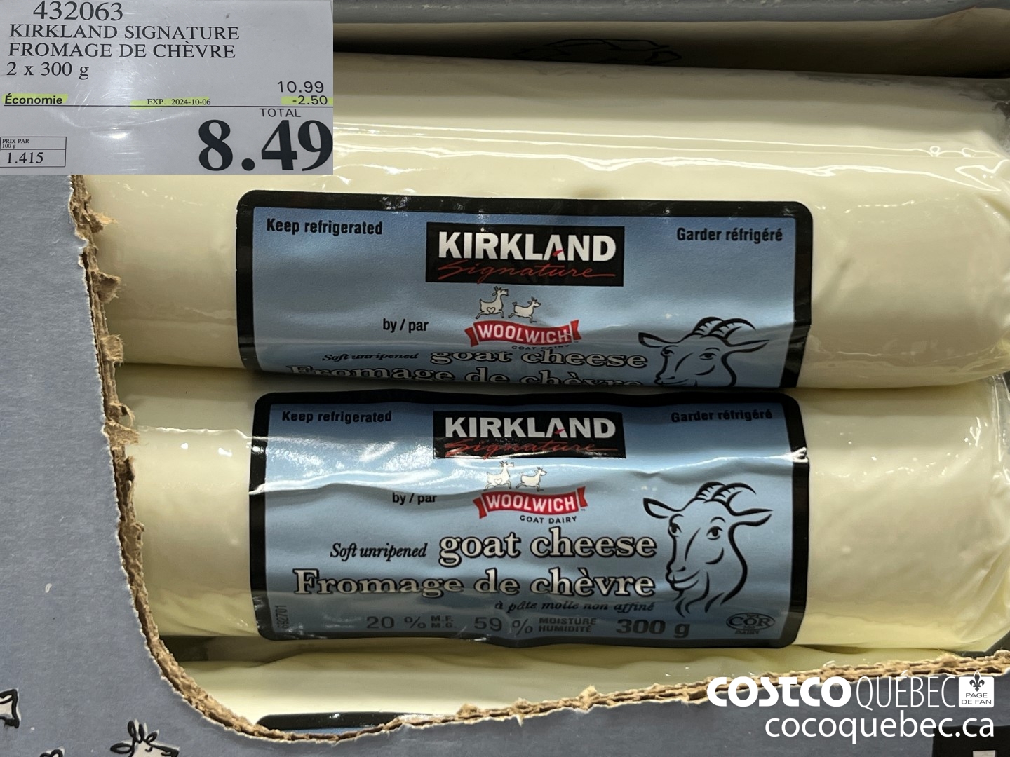 432063 KIRKLAND SIGNATURE FROMAGE DE CHEVRE 2 x 300 99.  ($2.50 INSTANT SAVINGS EXPIRES ON 2024-10-06) $8.49