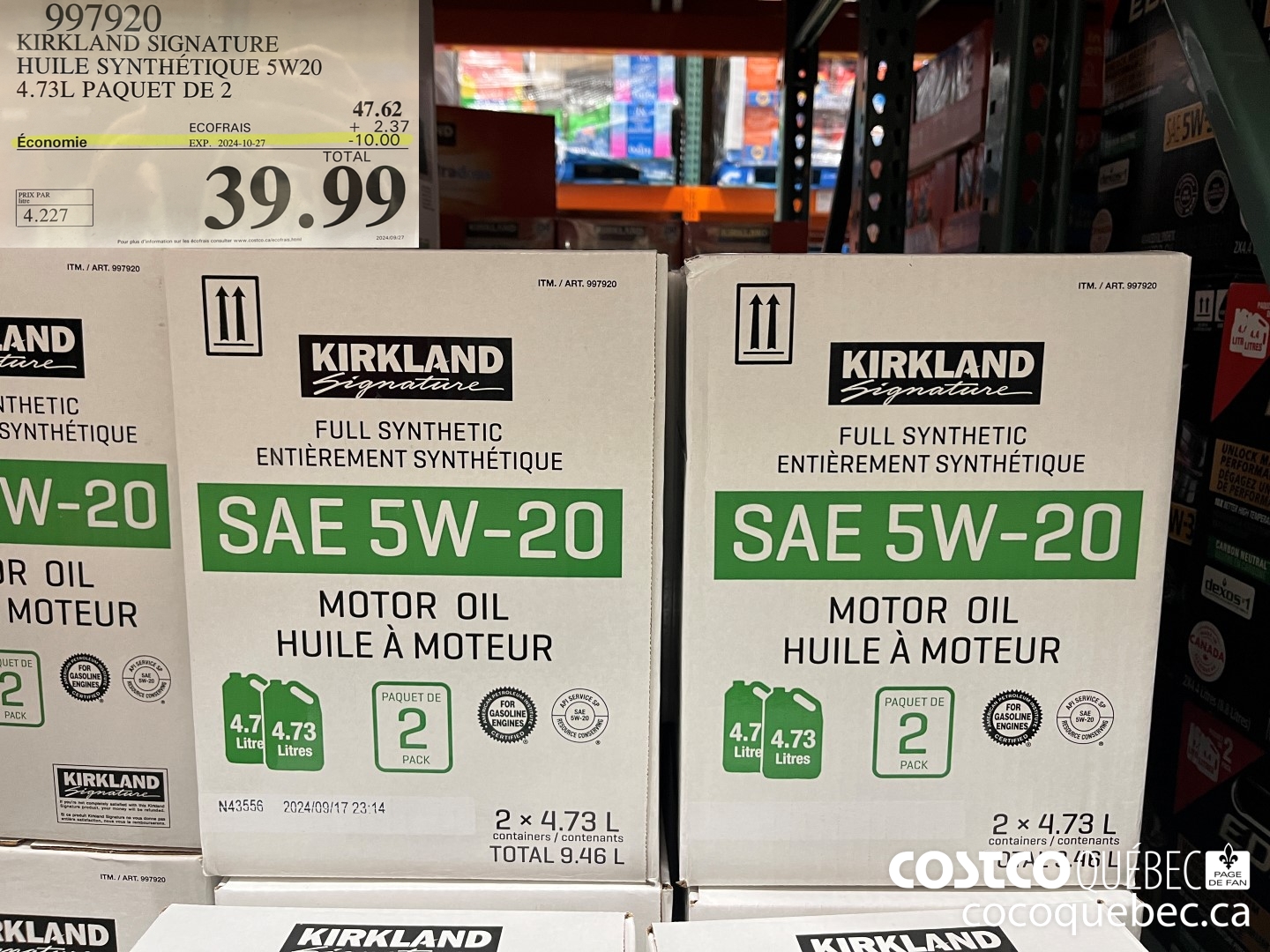 997920 KIRKLAND SIGNATURE HUILE SYNTHETIQUE 5W20 4.73L PAQUET DE 2  ($10.00 INSTANT SAVINGS EXPIRES ON 2024-10-27) $39.99