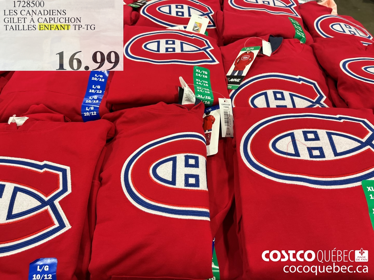 1728500 LES CANADIENS GILET A CAPUCHON TAILLES ENFANT TP-TG  $16.99