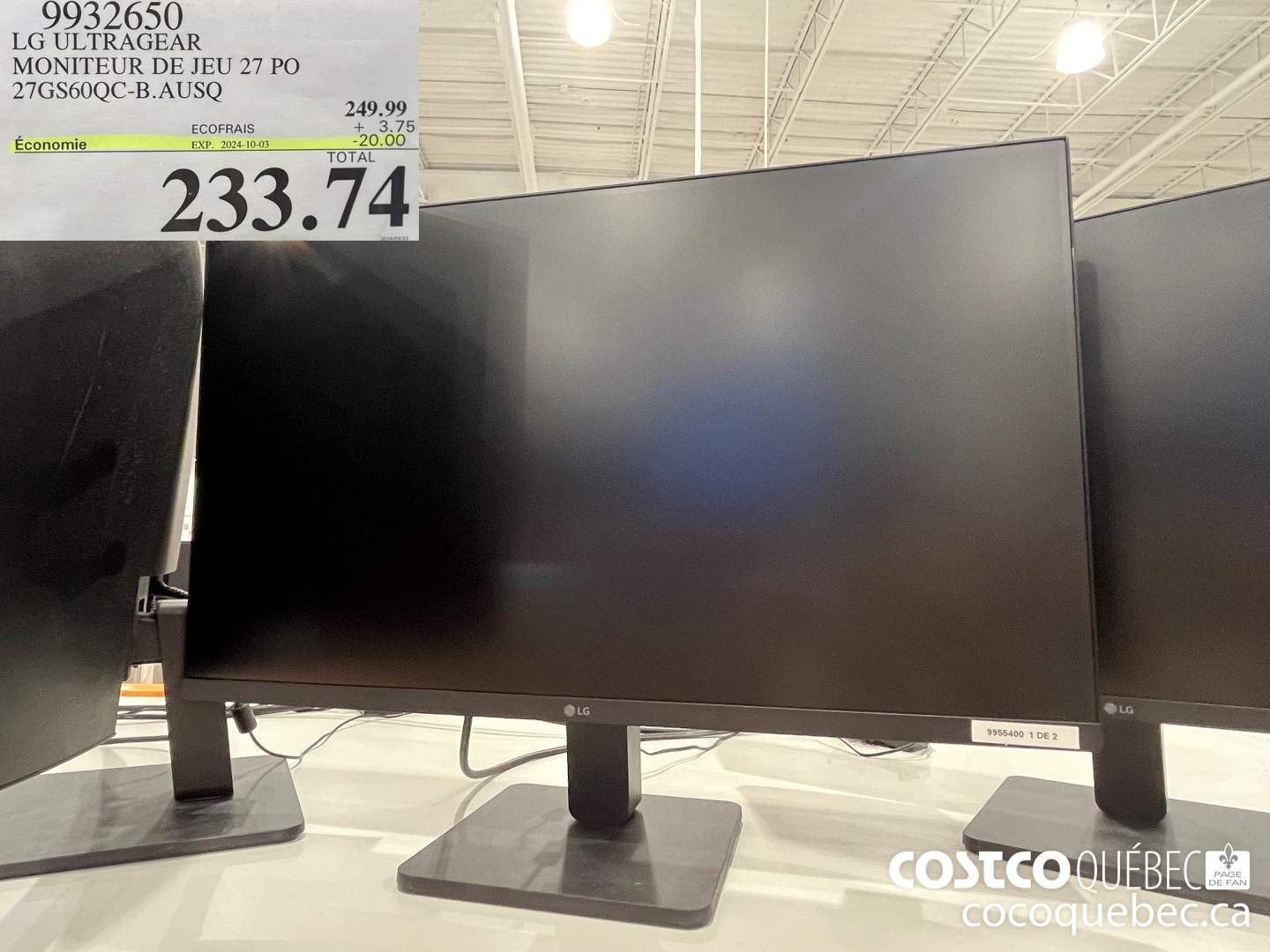 9932650 LG ULTRAGEAR MONITEUR DE JEU 27 PO 27GS60QC-B.AUSQ  ($20.00 INSTANT SAVINGS EXPIRES ON 2024-10-03) $233.74