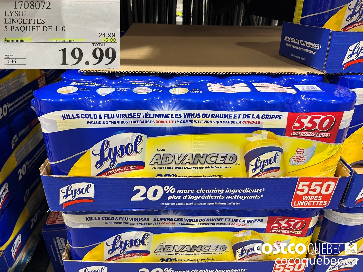 1708072 LYSOL LINGETTES 5 PAQUET DE 110  ($5.00 INSTANT SAVINGS EXPIRES ON 2024-10-27) $19.99