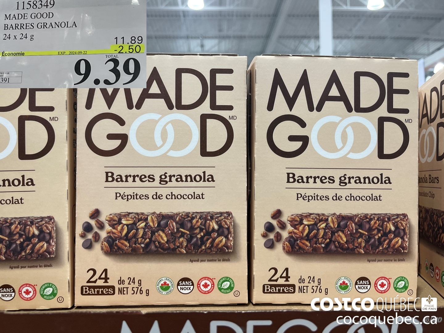 1158349 MADE GOOD BARRES GRANOLA 24 x 24 ¢  ($2.50 INSTANT SAVINGS EXPIRES ON 2024-09-29) $9.39