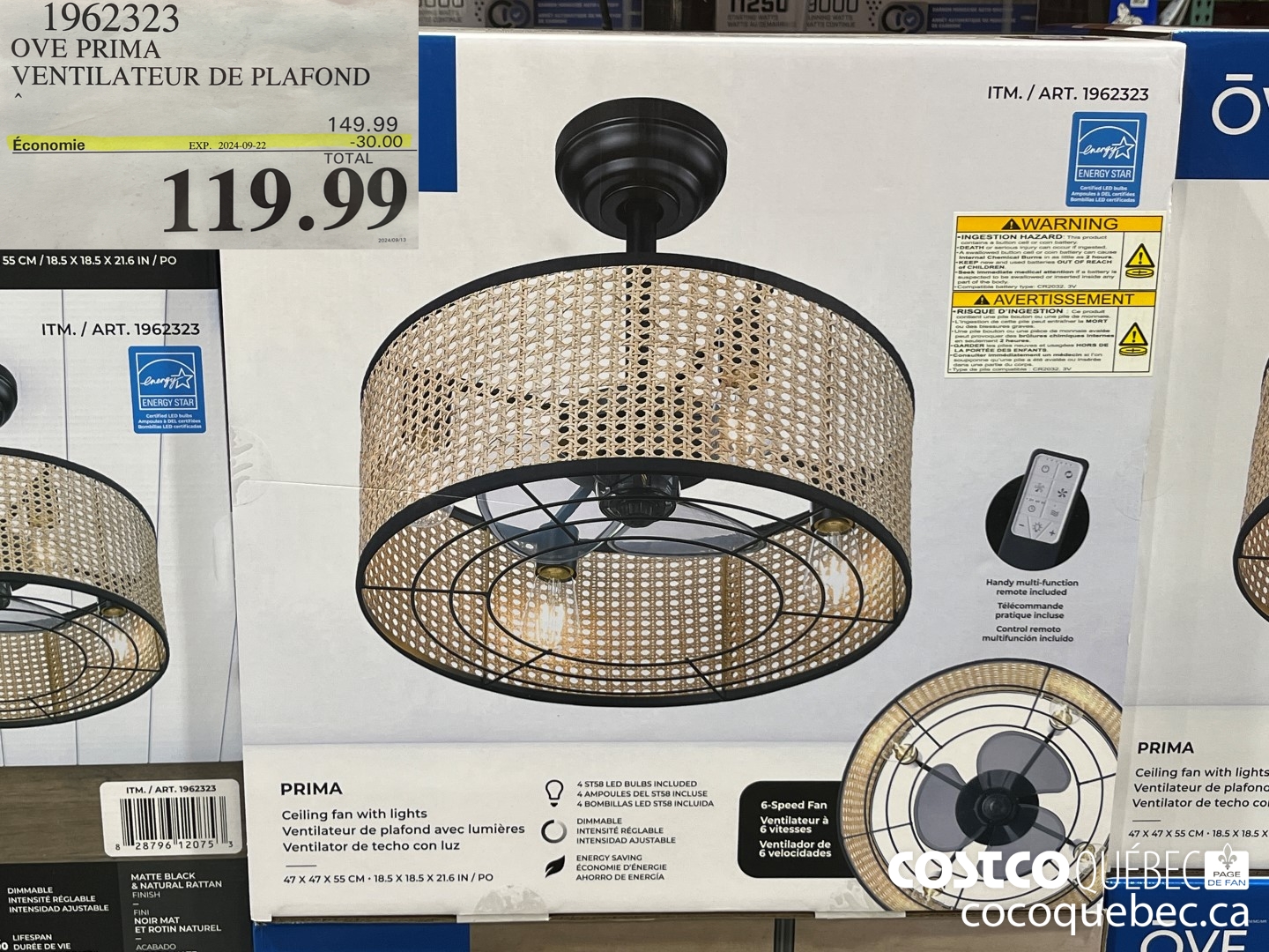 1962323 OVE PRIMA VENTILATEUR DE PLAFOND  ($30.00 INSTANT SAVINGS EXPIRES ON 2024-09-22) $119.99
