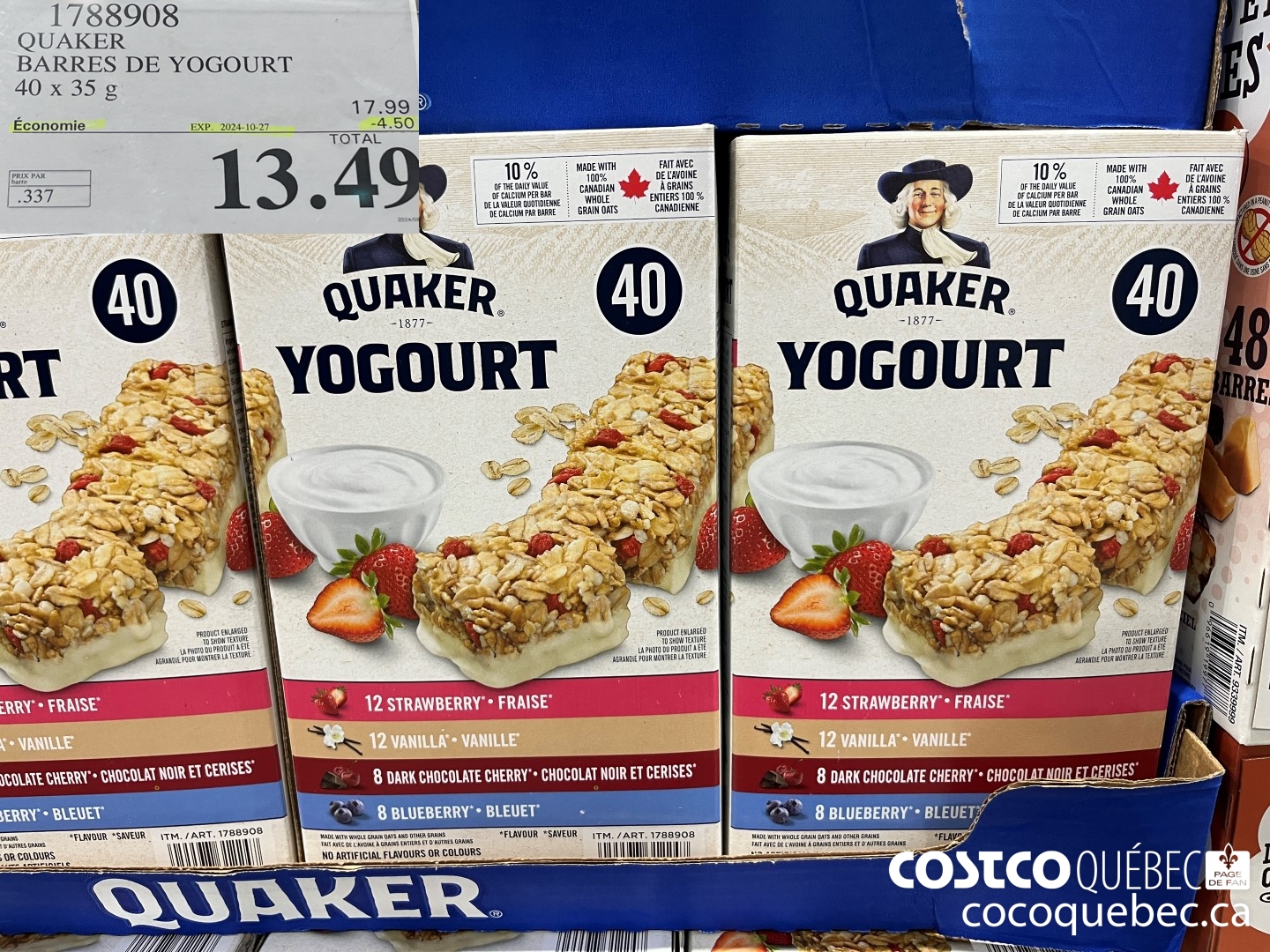 1788908 QUAKER BARRES DE YOGOURT 40 x 35 g  ($4.50 INSTANT SAVINGS EXPIRES ON 2024-10-27) $13.49