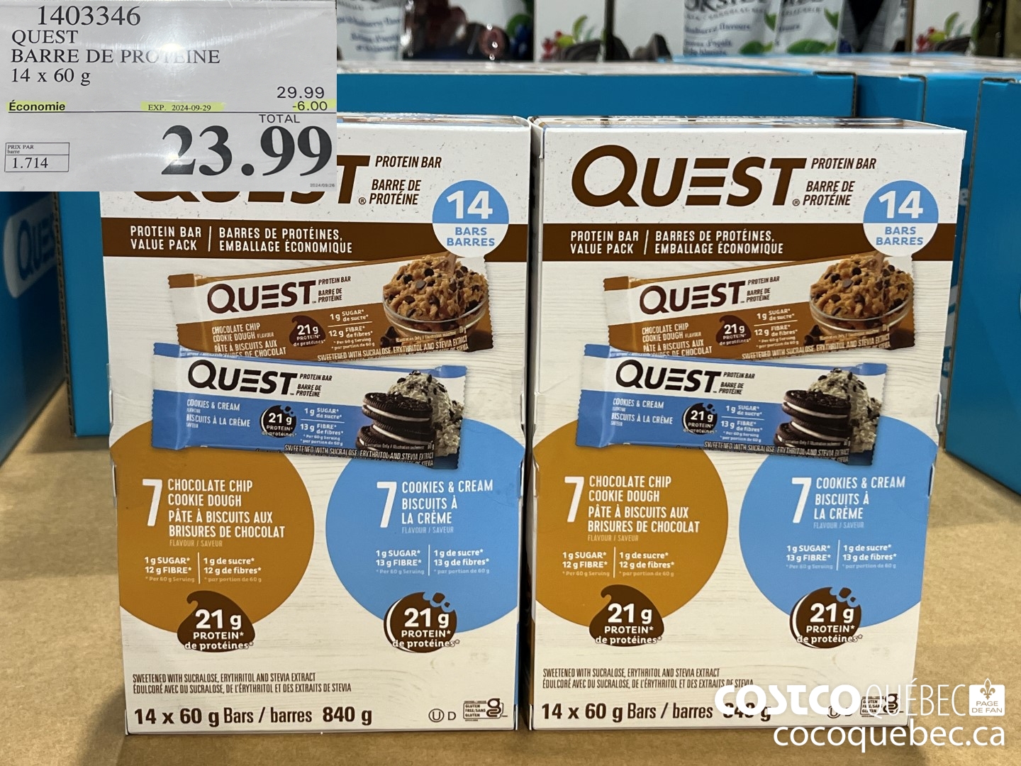 1403346 QUEST BARRE DE PROTEINE 14x 60 G ($6.00 INSTANT SAVINGS EXPIRES ON 2024-09-29) $23.99