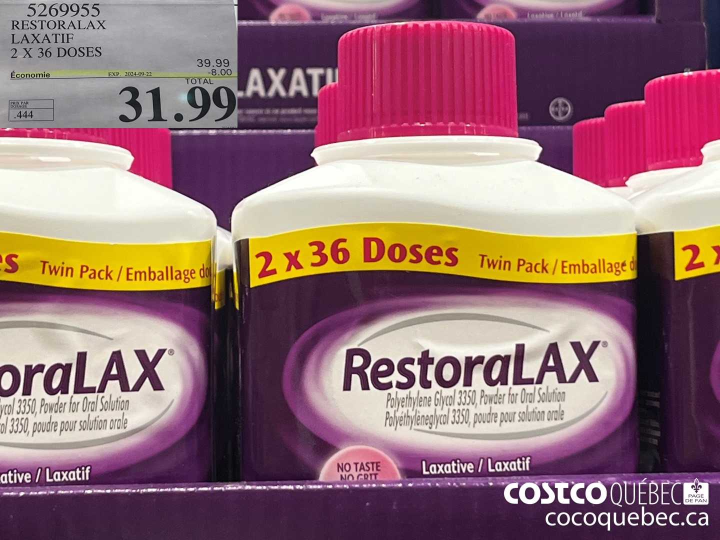 5269955 RESTORALAX LAXATIF 2 X 36 DOSES  ($8.00 INSTANT SAVINGS EXPIRES ON 2024-09-22) $31.99
