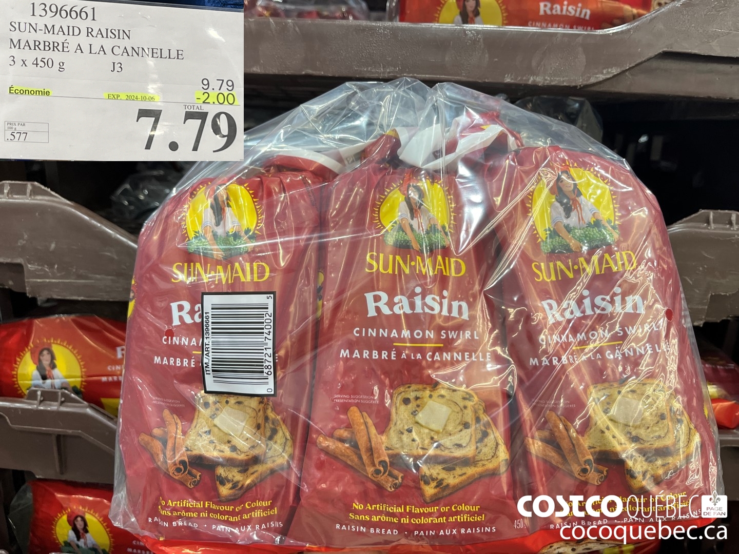 1396661 SUN-MAID RAISIN MARBRE A LA CANNELLE 3 x 450 g ($2.00 INSTANT SAVINGS EXPIRES ON 2024-10-06) $7.79