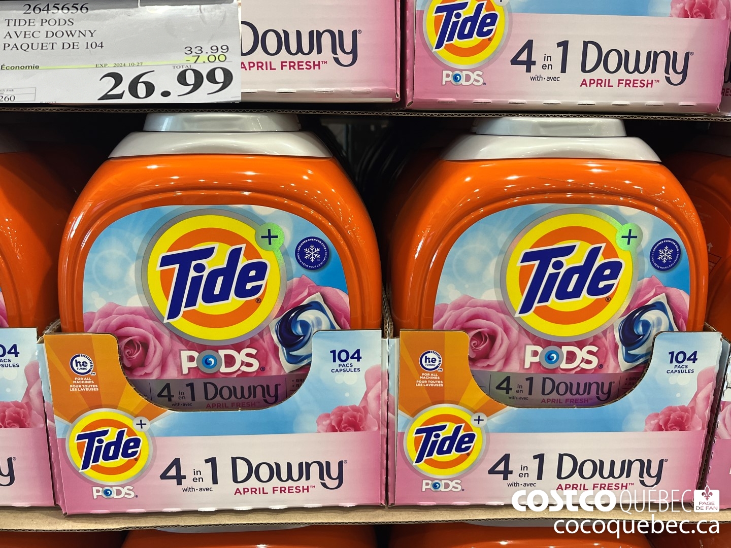 2645656 TIDE PODS AVEC DOWNY PAQUET DE 104  ($7.00 INSTANT SAVINGS EXPIRES ON 2024-10-27) $26.99