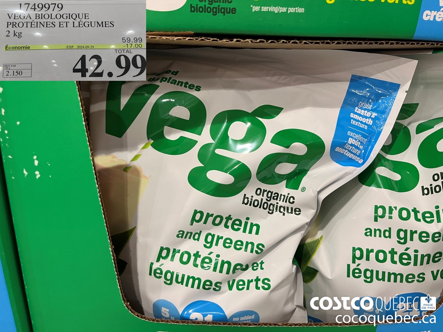 1749979 VEGA BIOLOGIQUE PROTEINES ET LEGUMES 2 kg  ($17.00 INSTANT SAVINGS EXPIRES ON 2024-09-29) $42.99