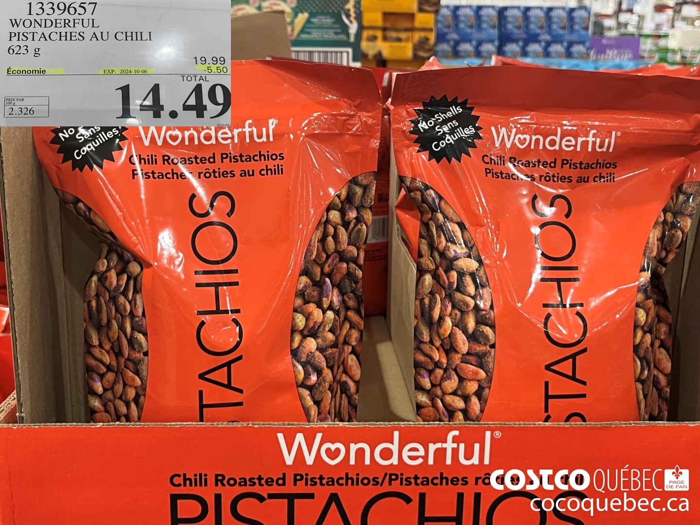1339657 WONDERFUL PISTACHES AU CHILI 623 g  ($5.50 INSTANT SAVINGS EXPIRES ON 2024-10-06) $14.49