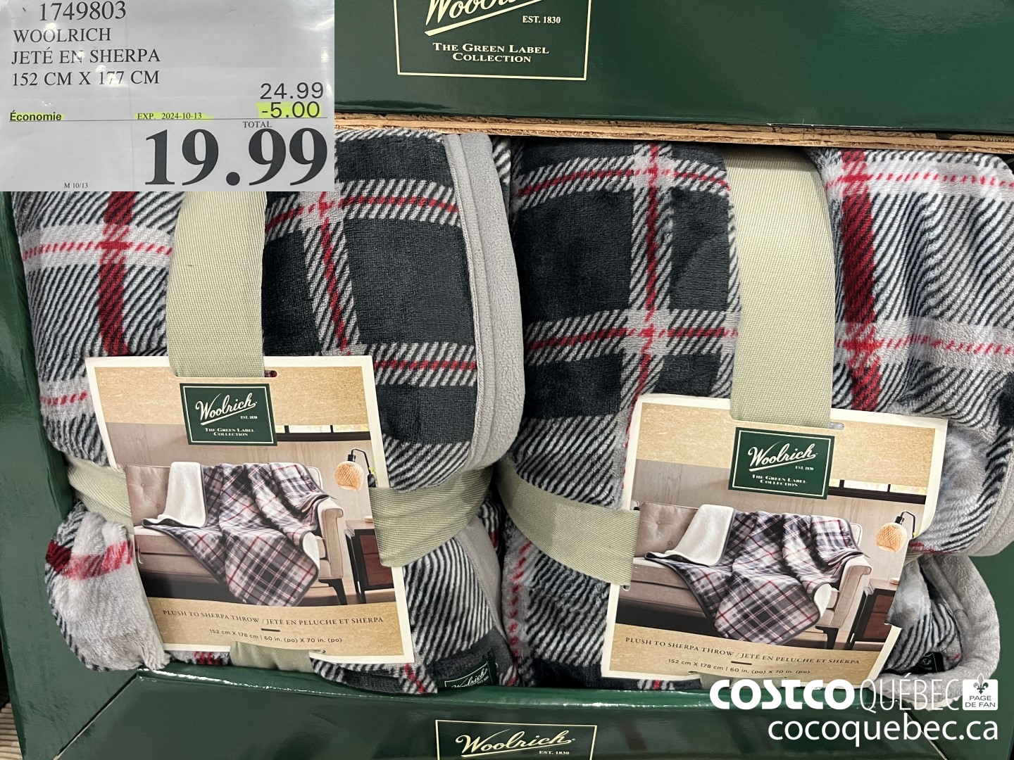 1749803 WOOLRICH JETE EN SHERPA 152 CM X 177 CM  ($5.00 INSTANT SAVINGS EXPIRES ON 2024-10-13) $19.99