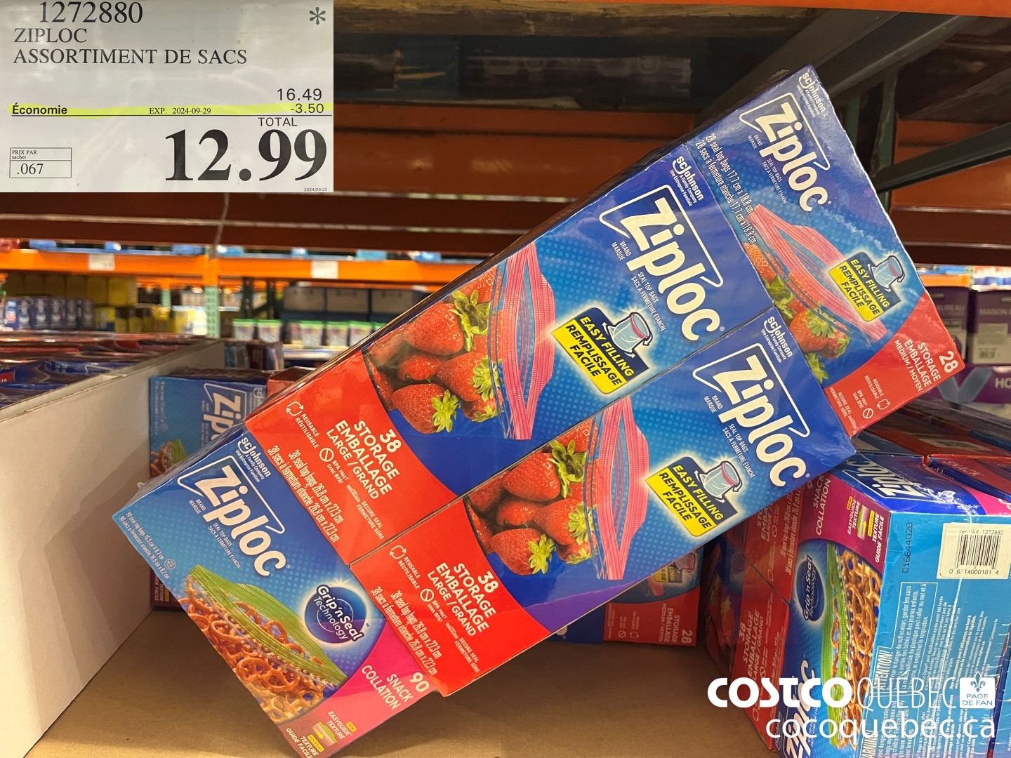 1272880 ZIPLOCK ASSORTIMENT DE SACS ($3.50 INSTANT SAVINGS EXPIRES ON 2024-09-29) $12.99