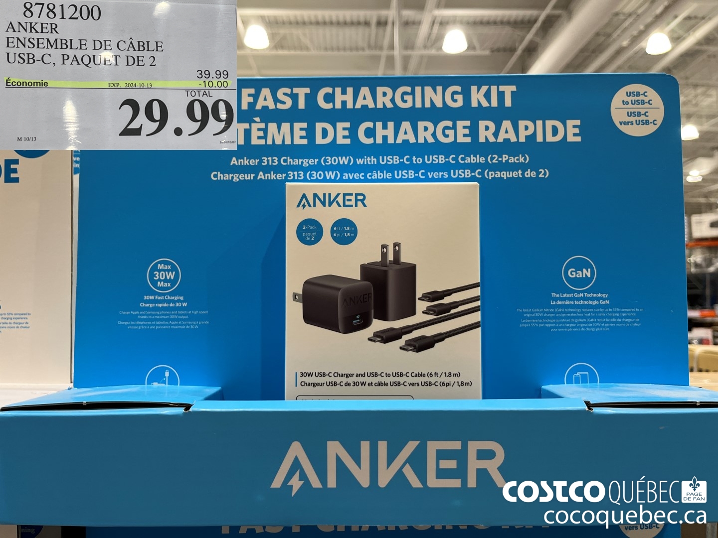 8781200 ANKER ENSEMBLE DE CABLE USB-C, PAQUET DE 2 @ Paquet de 2 unités © Charge rapide @ Chargeur USB-C de 30 W © Conception durable @ Cables de 6 pi (1,8 m) © Technologie GaN ($10.00 INSTANT SAVINGS EXPIRES ON 2023-11-26) $29.99