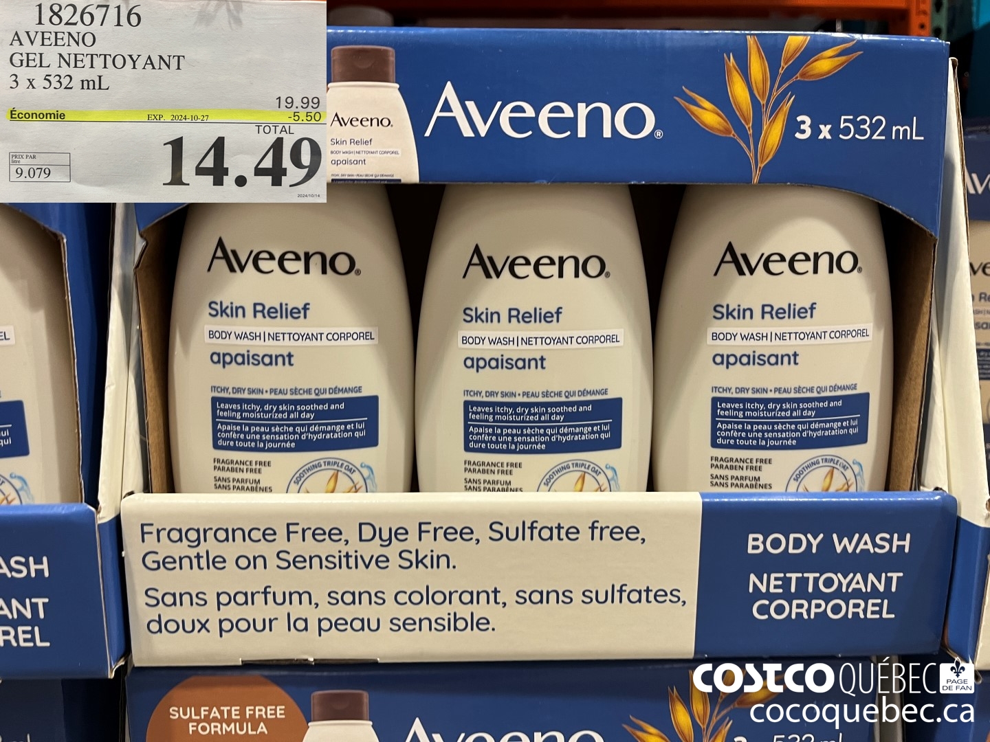 1826716 AVEENO GEL NETTOYANT  ($5.50 INSTANT SAVINGS EXPIRES ON 2024-10-27) $14.49