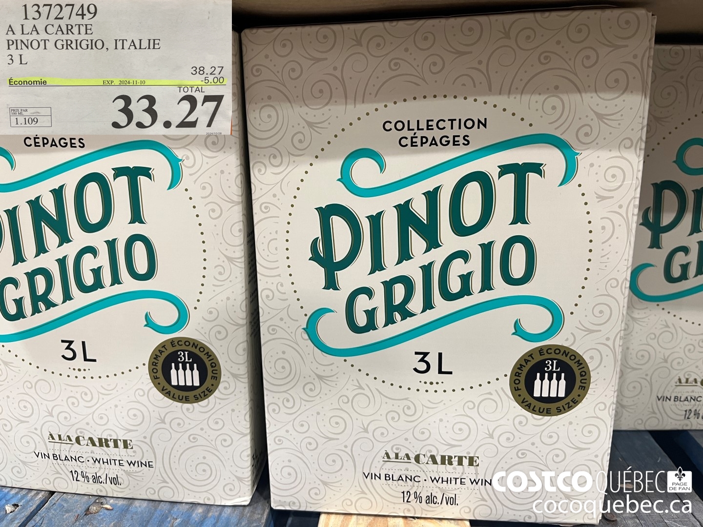 1372749 A LA CARTE PINOT GRIGIO, ITALIE 3 L  ($5.00 INSTANT SAVINGS EXPIRES ON 2024-11-10) $33.27