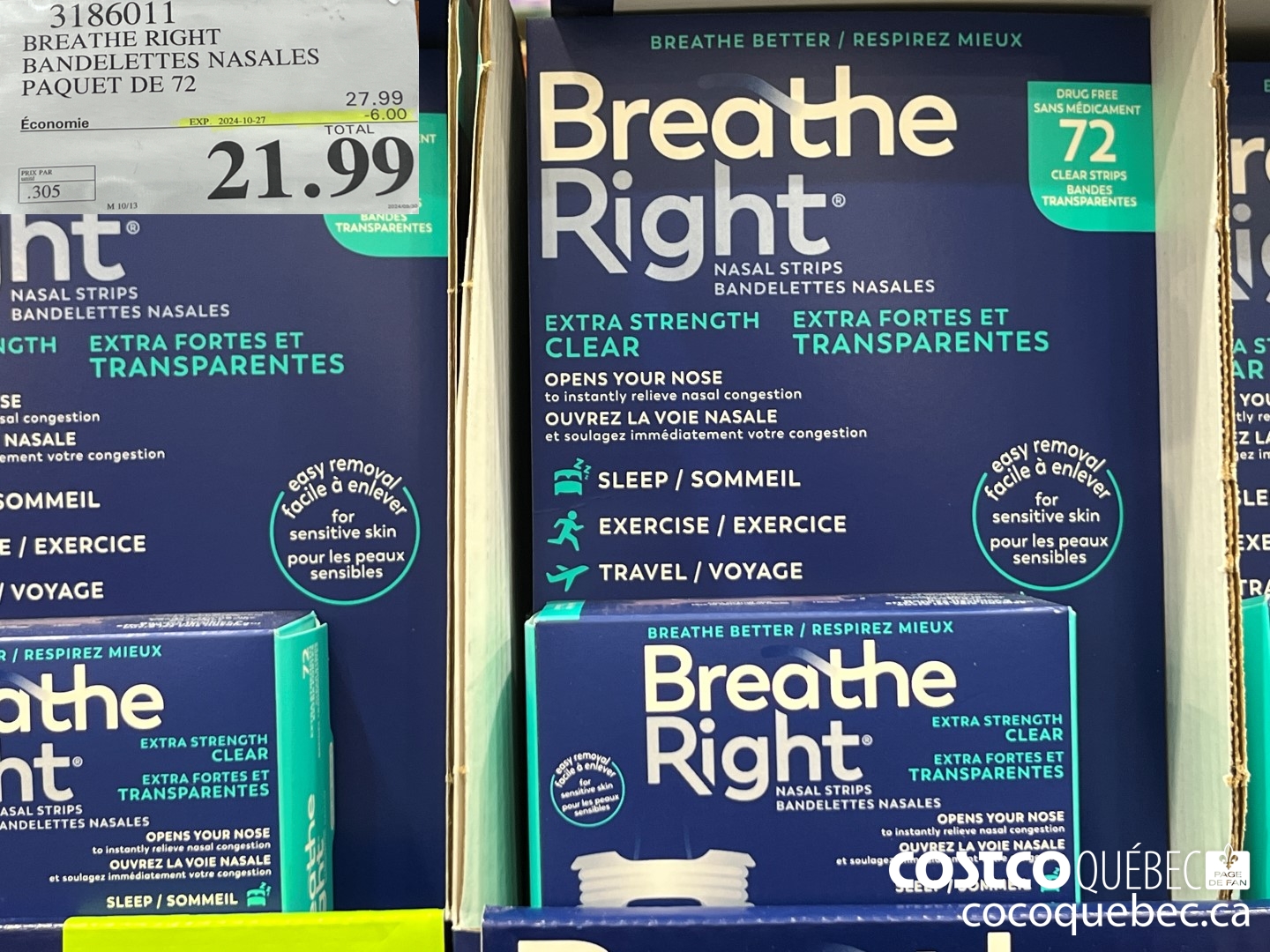 3186011 BREATHE RIGHT BANDELETTES NASALES PAQUET DE 72  ($6.00 INSTANT SAVINGS EXPIRES ON 2024-10-27) $21.99