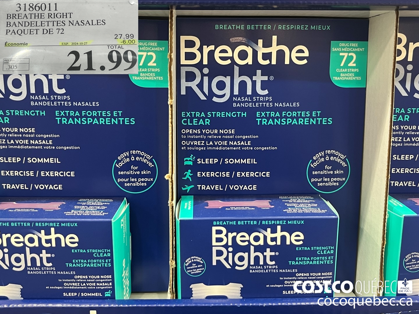3186011 BREATHE RIGHT BANDELETTES NASALES PAQUET DE 72  ($6.00 INSTANT SAVINGS EXPIRES ON 2024-10-27) $21.99