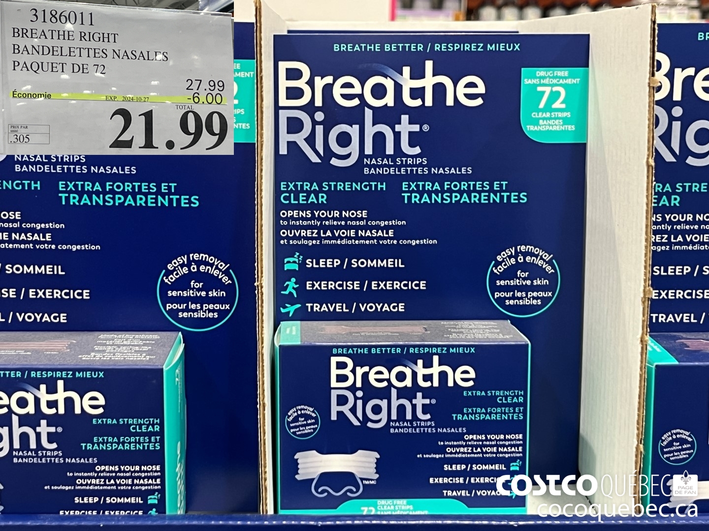 3186011 BREATHE RIGHT BANDELETTES NASALES PAQUET DE 72  ($6.00 INSTANT SAVINGS EXPIRES ON 2024-10-27) $21.99