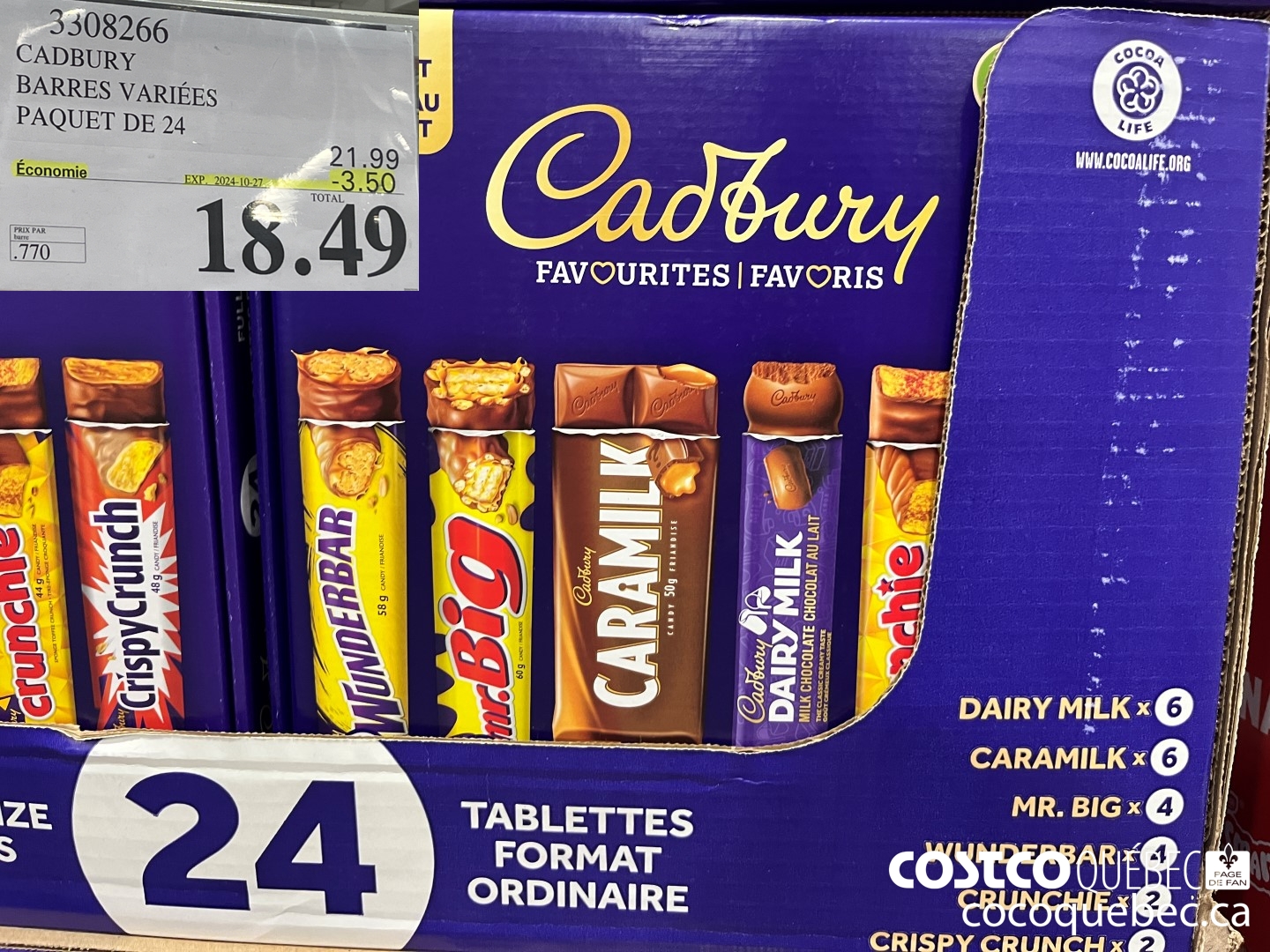3308066 CADBURY BARRES VARIEES  ($3.50 INSTANT SAVINGS EXPIRES ON 2024-10-27) $18.49