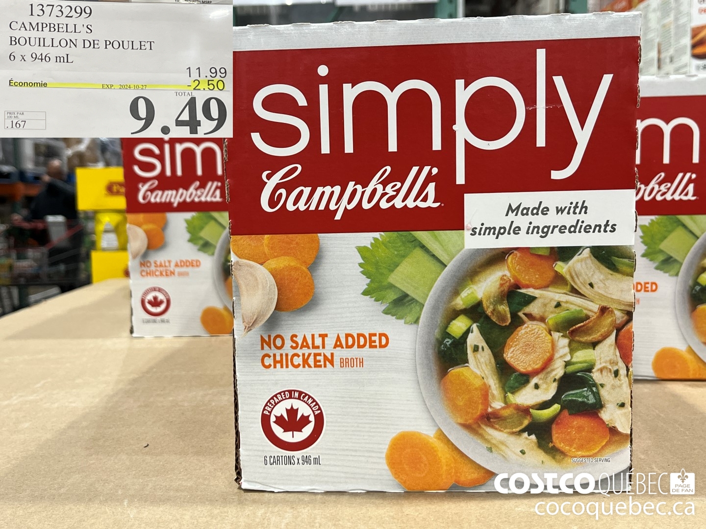 1373299 CAMPBELLS BOUILLON DE POULET 6 x 946 mL ($3.00 INSTANT SAVINGS EXPIRES ON 2024-10-27) $9.49