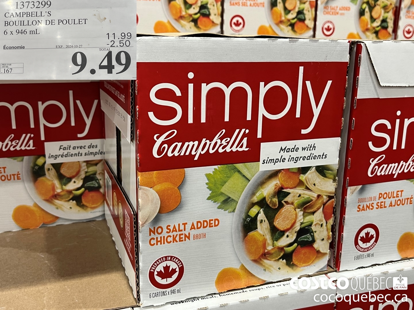 1373299 CAMPBELLS BOUILLON DE POULET 6 x 946 mL ($3.00 INSTANT SAVINGS EXPIRES ON 2024-10-27) $9.49
